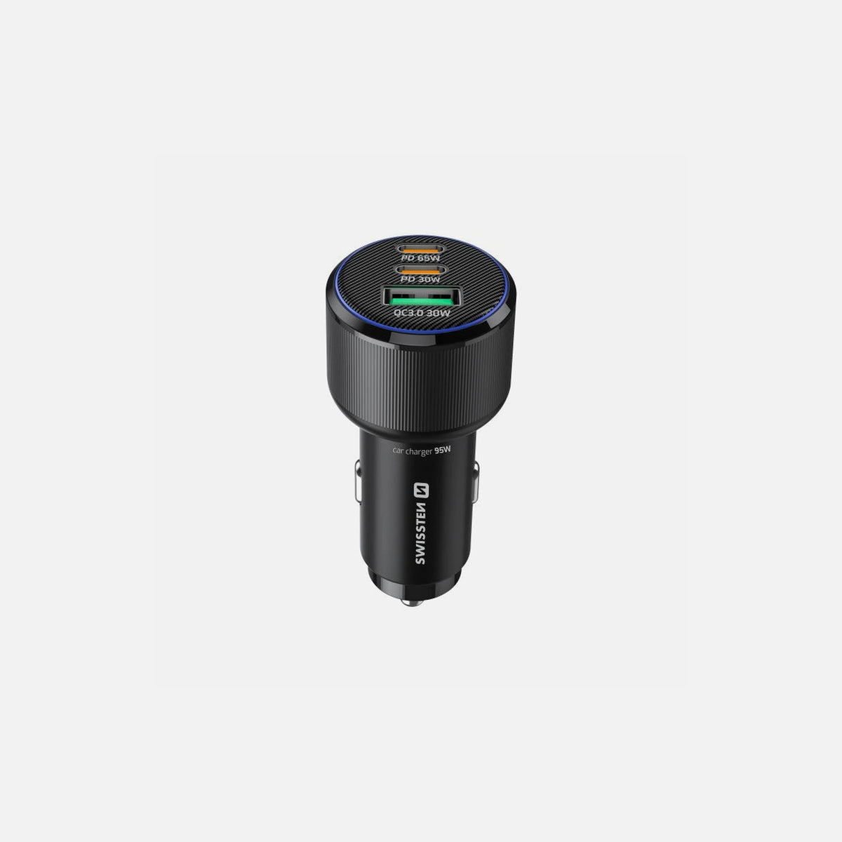 Swissten Car Charger 95W PD3.0 + QC4.0 – 2× USB-C + USB-A, Blue LED, Black