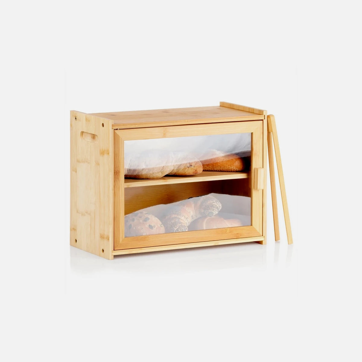 Vilde Bamboo Bread Bin 2-Tier 40×20×31cm with Clear Window and Bamboo Tongs