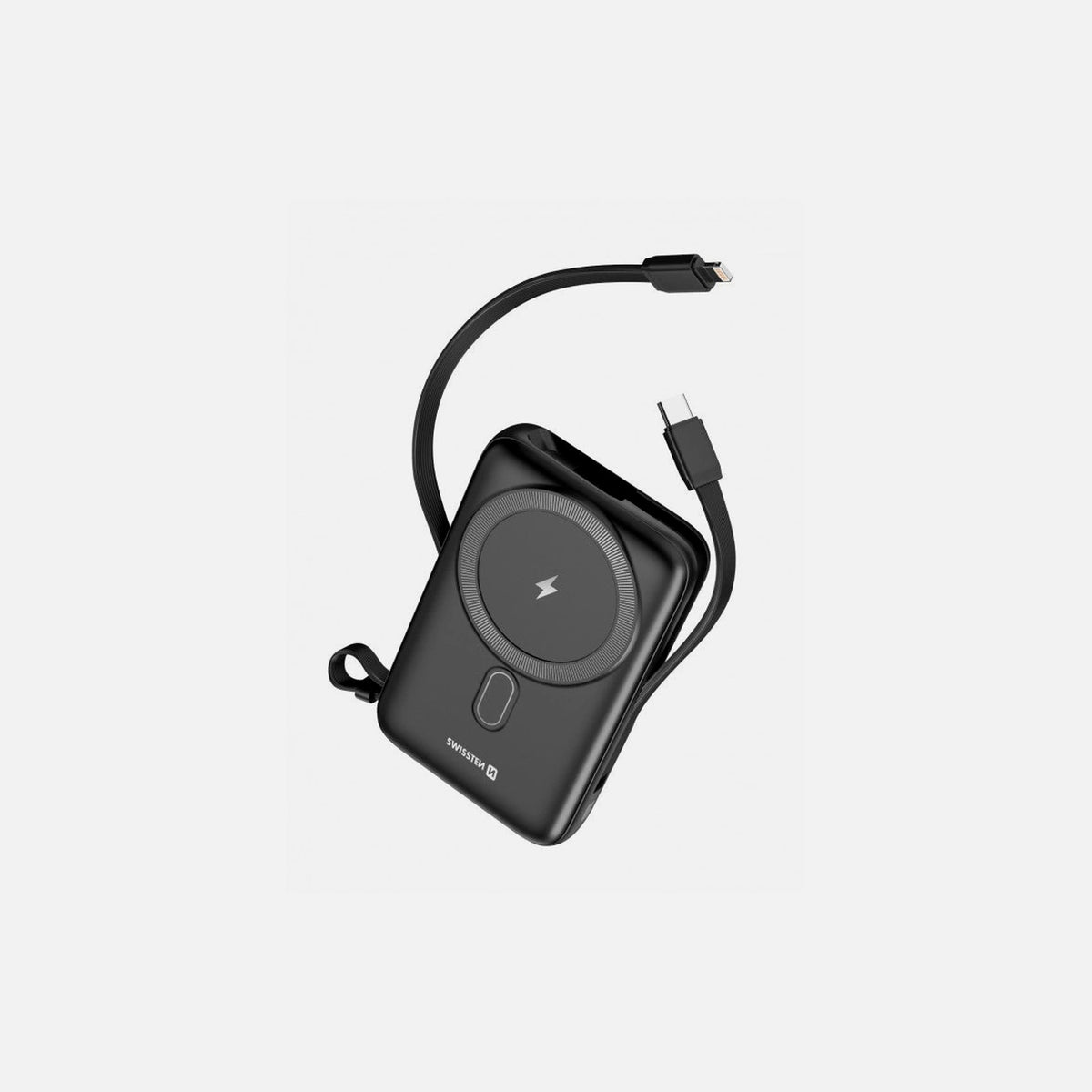 Swissten 10K MagSafe Magnetic Power Bank 10000mAh – Qi2 15W, Built-in USB-C & Lightning, Black