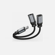 Swissten Textile USB-C Audio + Charging Adapter – USB-C Male to USB-C Female + 3.5mm AUX, 12cm, Black