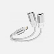 Swissten Textile Lightning Splitter – Lightning Male to 2× Lightning Female Audio + Charging, 12cm, White
