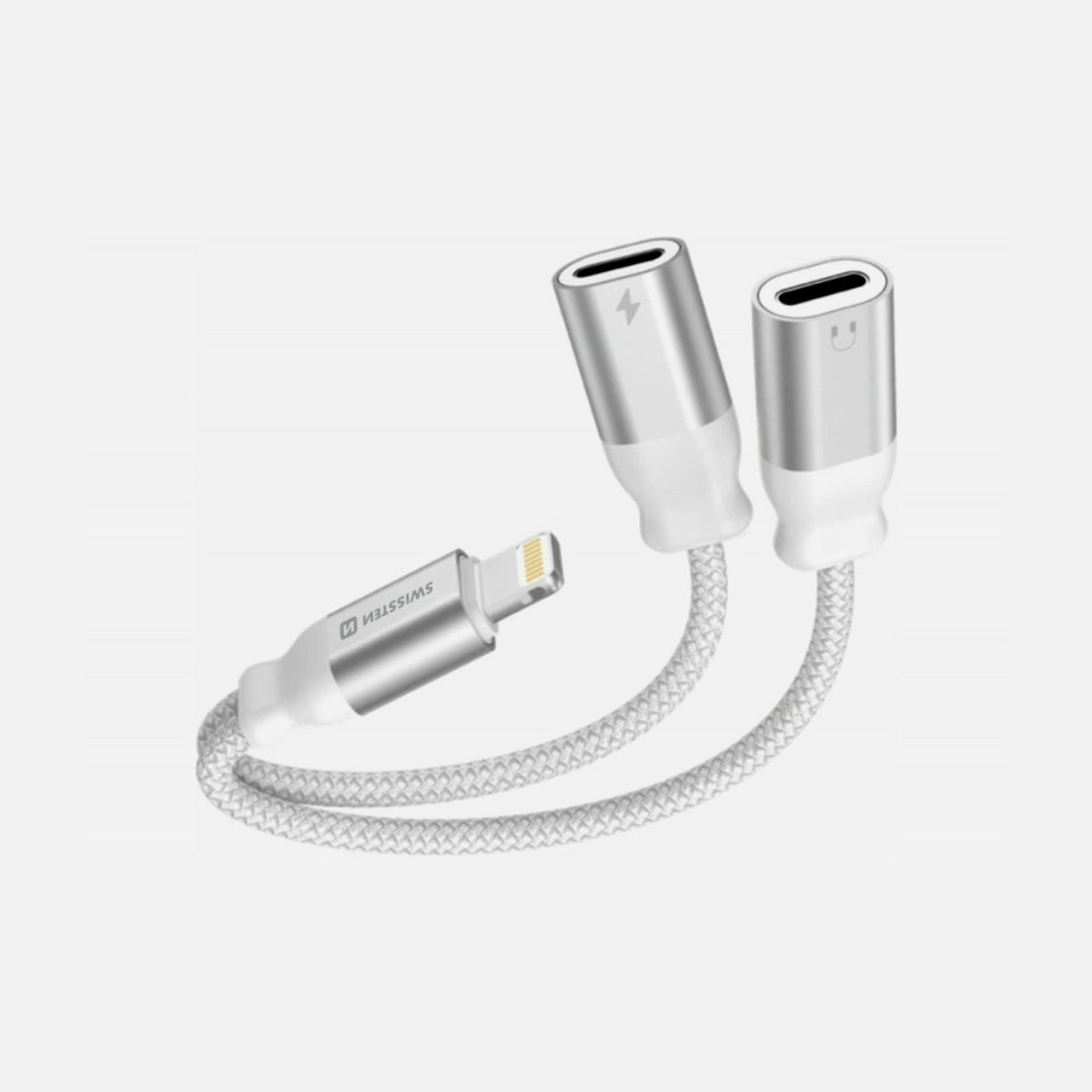 Swissten Textile Lightning Splitter – Lightning Male to 2× Lightning Female Audio + Charging, 12cm, White