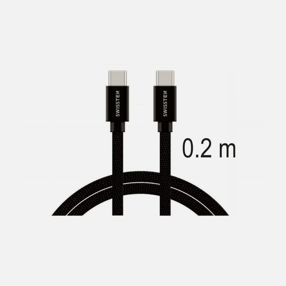 Swissten Textile USB-C to USB-C Cable 20cm – 60W, Nylon Braided, Aluminium Connectors, Black