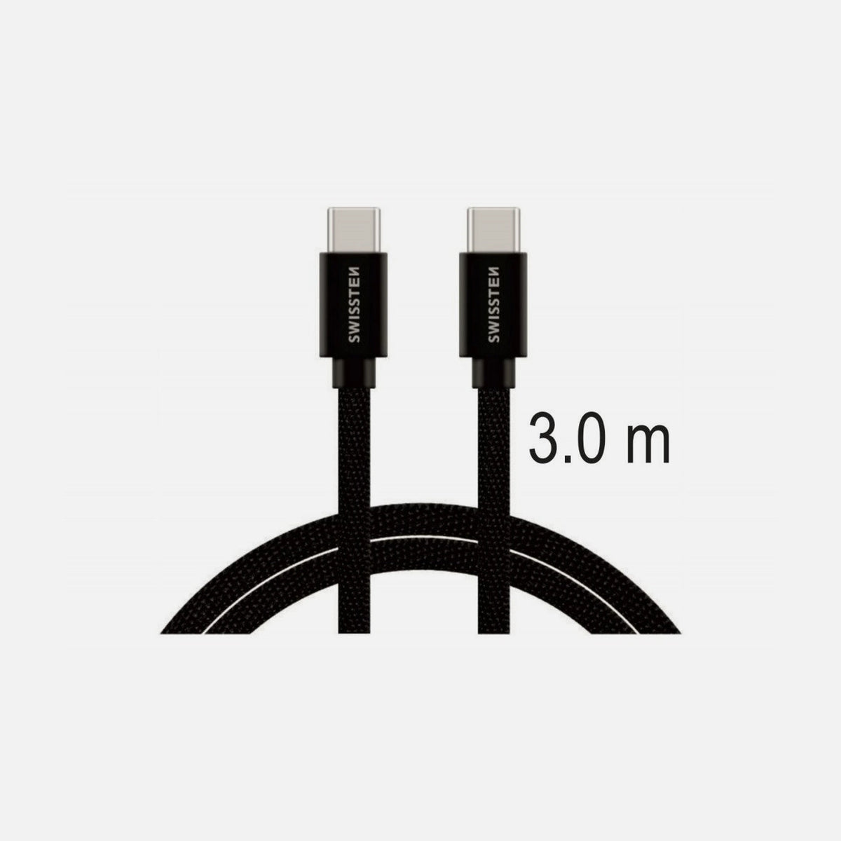 Swissten Textile USB-C to USB-C Cable 3m – 60W, Nylon Braided, Aluminium Connectors, Black