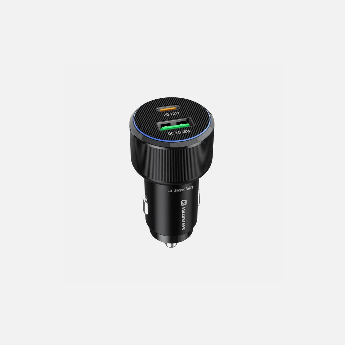 Swissten Car Charger 38W – PD 3.0 USB-C + QC 3.0 USB-A, with USB-C Cable, Black