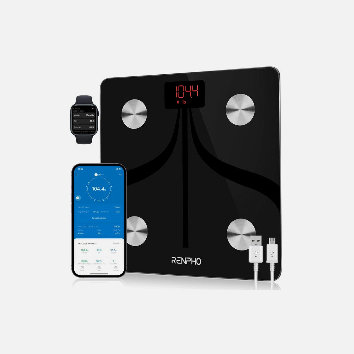 RENPHO Elis 1 Smart Scale – Body Fat / BMI, Bluetooth & WiFi, USB Rechargeable, Black