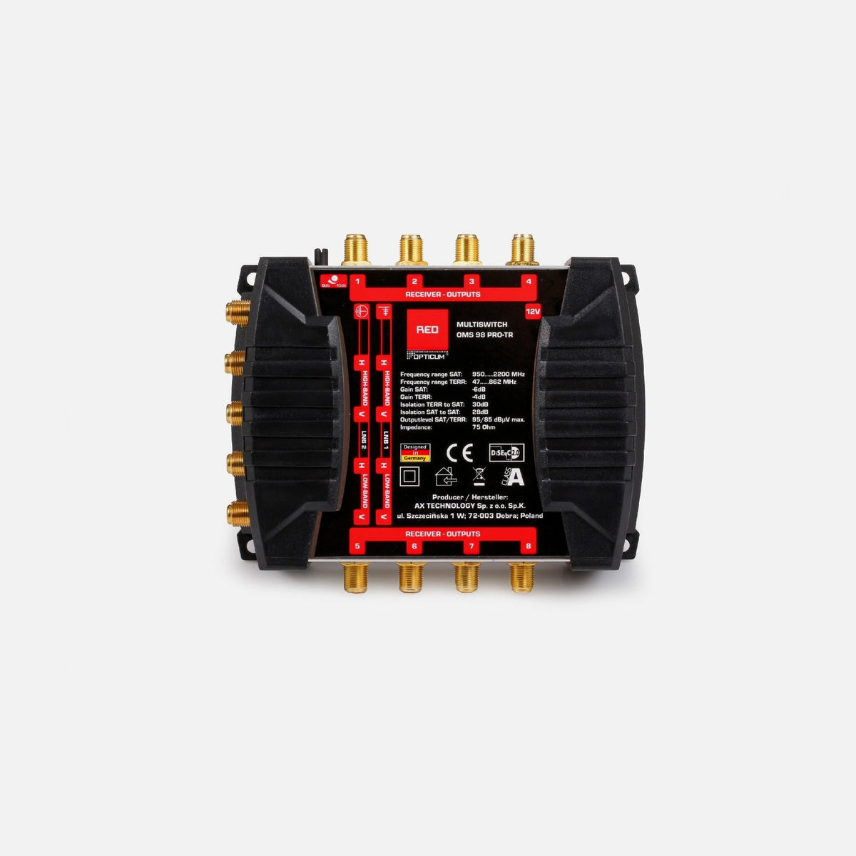 Opticum OMS 9/8 PRO-TR Multiswitch 9-In / 8-Out – 2 Satellites + Terrestrial, DiSEqC 2.0, Amplified