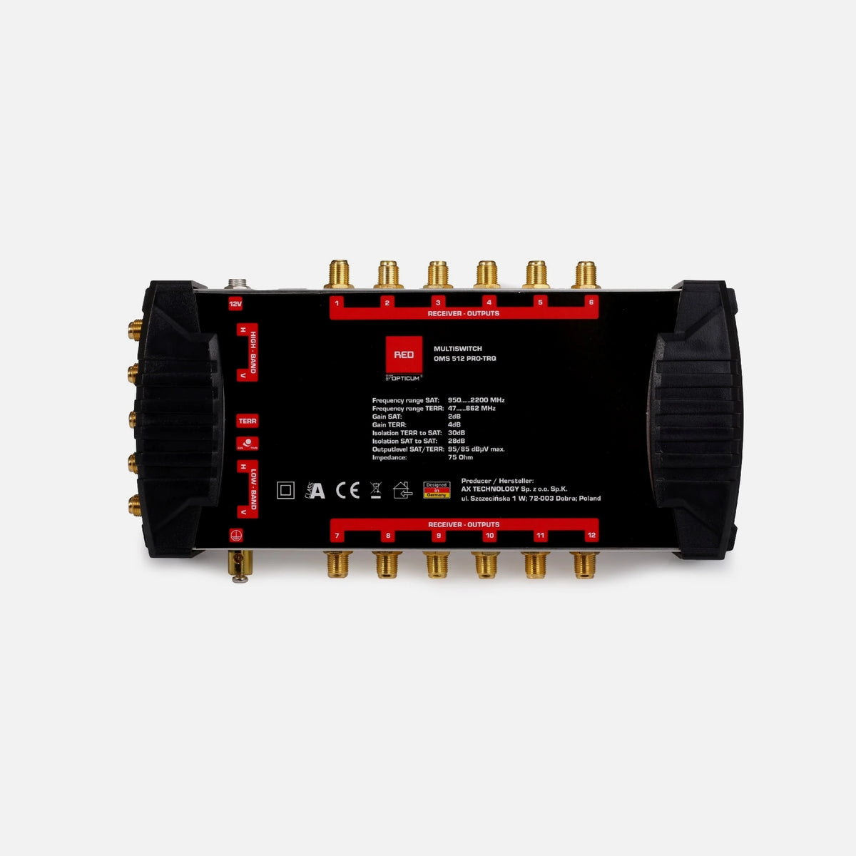 Opticum OMS 5/12 PRO-TRQ Multiswitch 5-In / 12-Out – 1 Satellite + Terrestrial, 4K UHD, Amplified