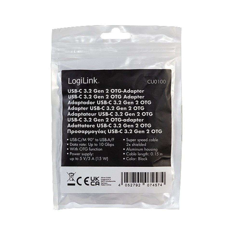 LogiLink ICOC UOTG-32C9MAF USB-C OTG Adapter Cable – 10Gbps, 90° Angled & 0.2m