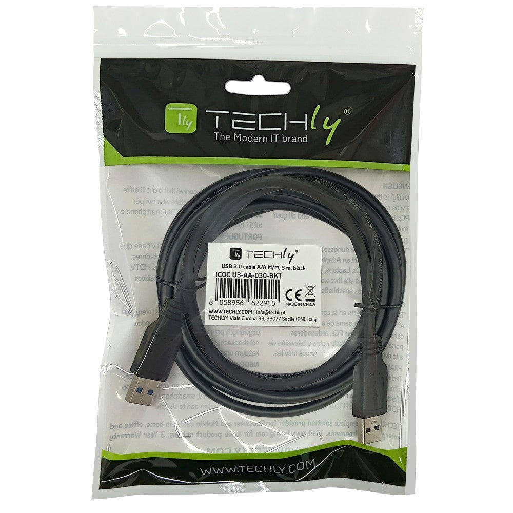 Techly ICOC U3-AA-030-BKT USB 3.2 Type-A to Type-A Cable – 3m, 5Gbps, Black