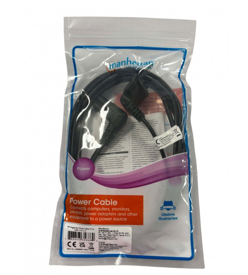 Manhattan ICOC 02-NC-ANG20BMH – 90° Angled CEE7/16 to IEC C7 Power Cable, 2m OFC