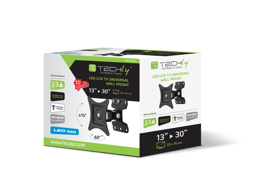 Techly ICA-LCD 201BK Full-Motion TV Wall Mount – 13"–30", VESA 100×100, 23kg, Black