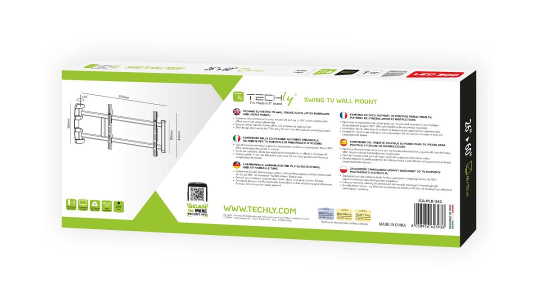 Techly ICA-PLB 042 Universal Περιστρεφόμενη Βάση Τοίχου TV 26"–60" – 180° Swivel, 35 kg, VESA 400×400