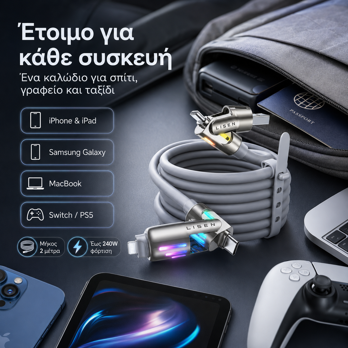 LISEN Chubby 4-in-1 Charging Cable 2 m – 240 W PD3.1, USB-C & USB-A to C & Lightning – view 5
