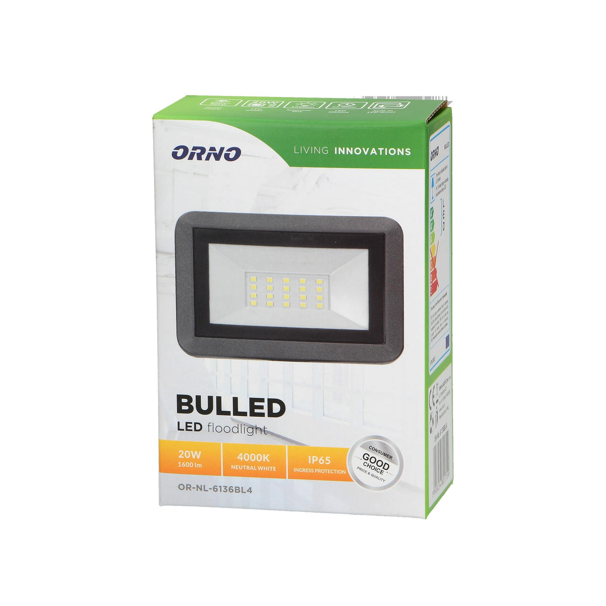 Orno LED Floodlight 20 W SMD 4000K – 1600 lm Neutral White, IP65 & Black Aluminium – view 2