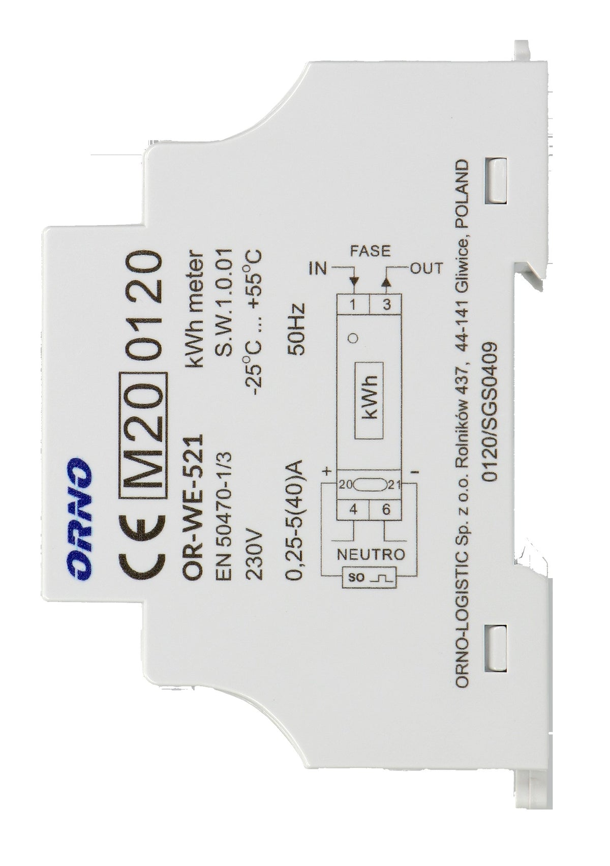 Orno WE-521 Single-Phase DIN Rail Energy Meter 40 A – MID Class B, LCD & 1000 imp/kWh – view 2