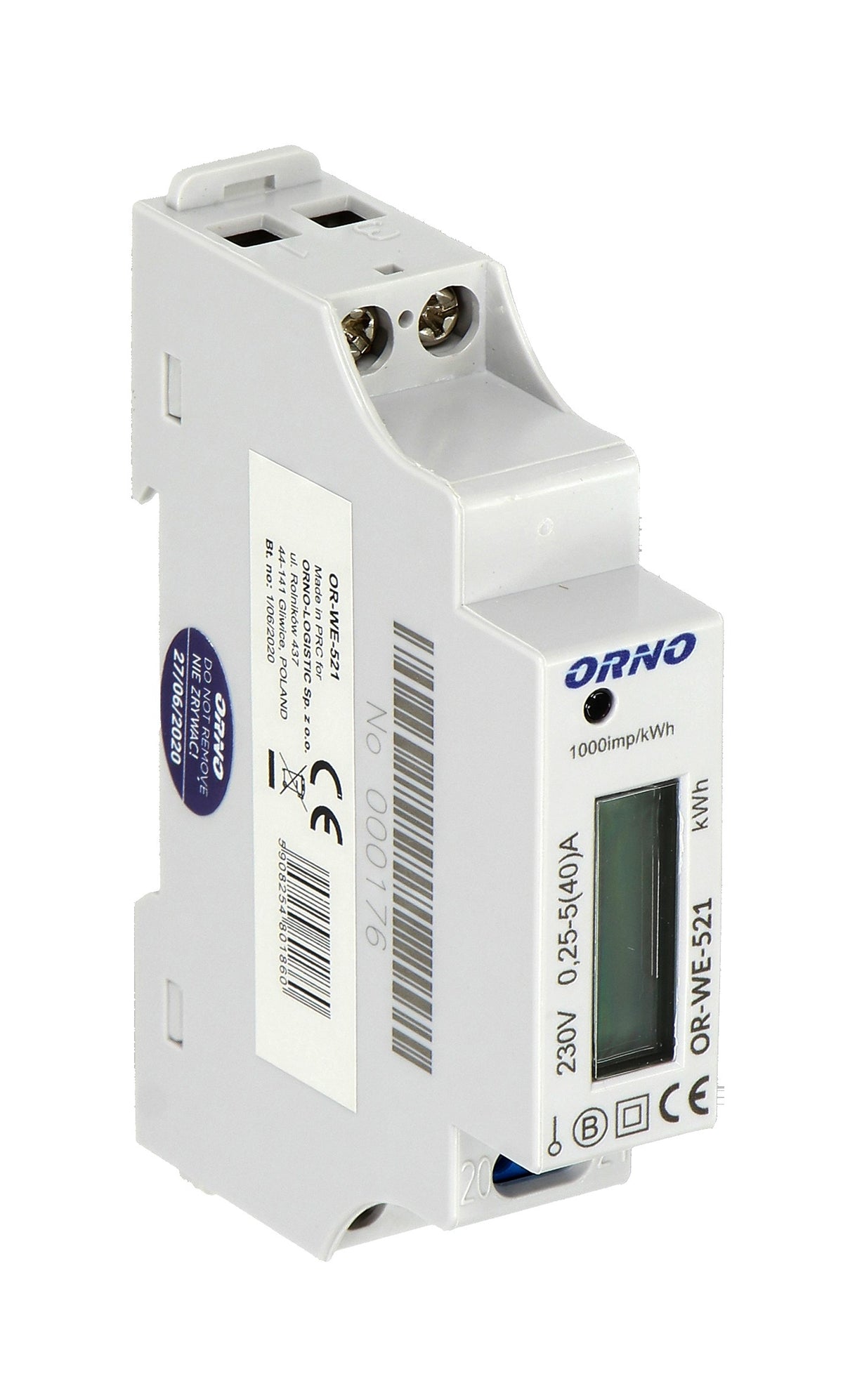 Orno WE-521 Single-Phase DIN Rail Energy Meter 40 A – MID Class B, LCD & 1000 imp/kWh – view 3
