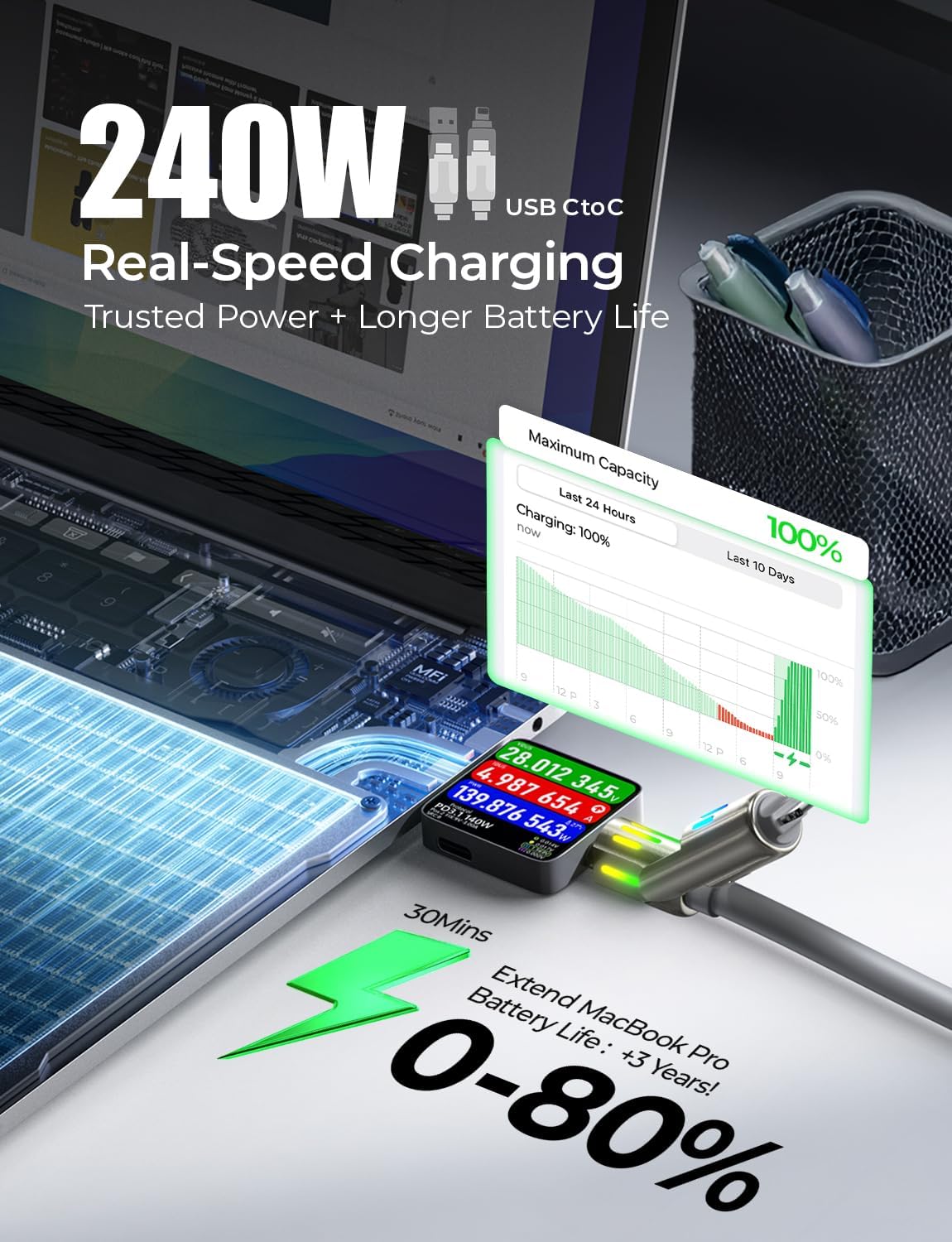 LISEN Chubby 4-in-1 Charging Cable 2 m – 240 W PD3.1, USB-C & USB-A to C & Lightning – view 10