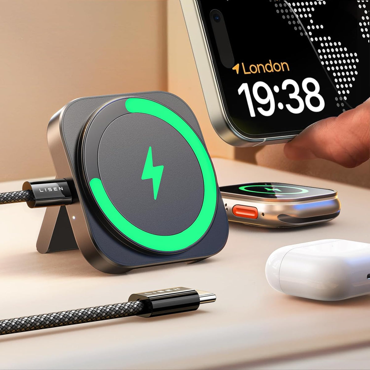 Wireless charging pad with green light indicator, smartphone, smartwatch, and Apple AirPods on a desk.