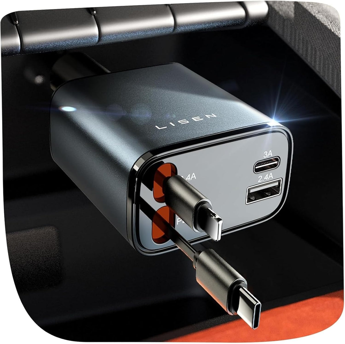 LISEN 4-in-1 69W Car Charger – Built-in USB-C & Lightning Cables, USB-A Port, Grey – view 2