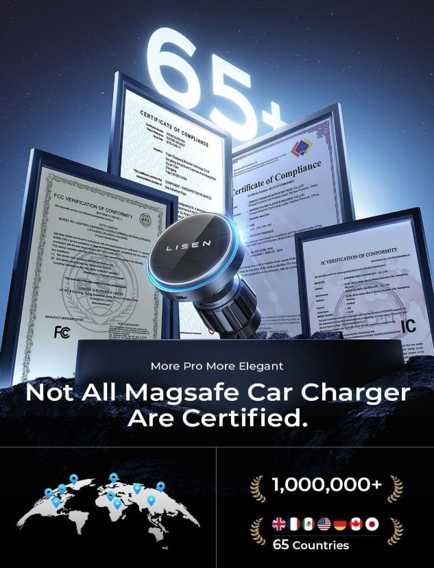 Lisen 2E778 – MagSafe Air Vent Car Mount, 15W Wireless Charging, 20 Magnets, Black
