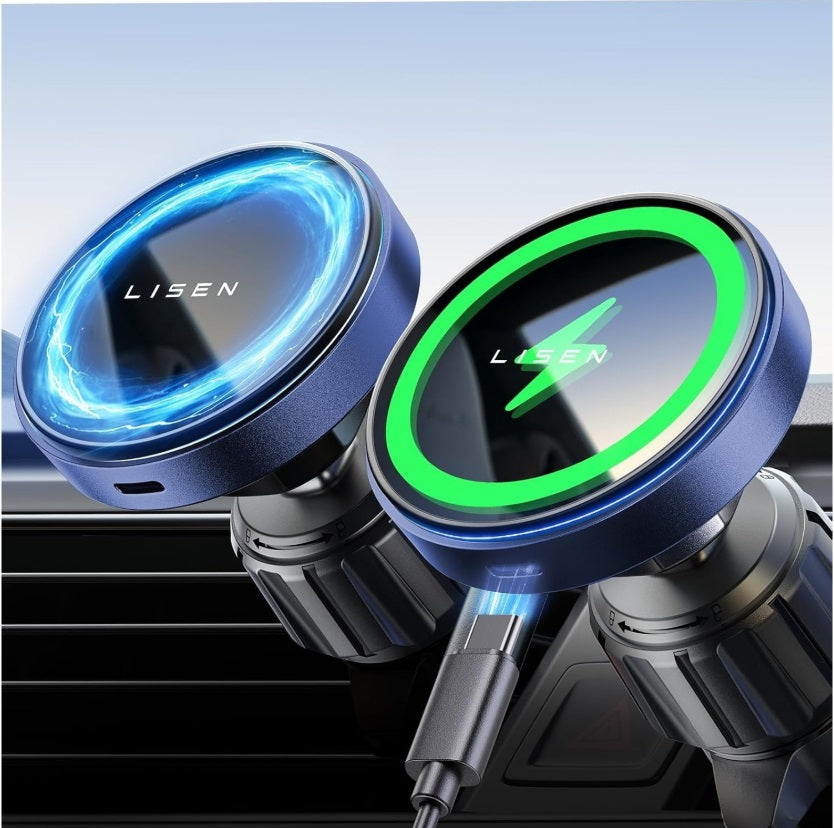 Lisen 2E778 – MagSafe Air Vent Car Mount, 15W Wireless Charging, 20 Magnets, Black