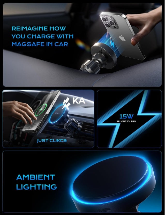 Lisen 2E778 – MagSafe Air Vent Car Mount, 15W Wireless Charging, 20 Magnets, Black