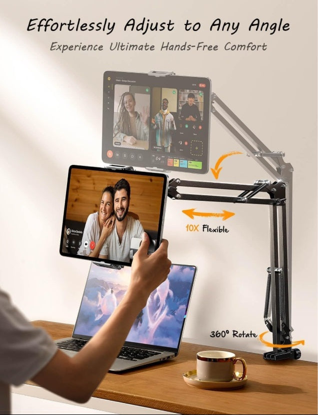 Lisen 2E41 – 360° Tablet & Phone Floor Stand with Arm, 4"–13", 67cm, Steel, Black