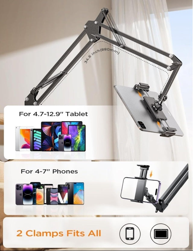 Lisen 2E41 – 360° Tablet & Phone Floor Stand with Arm, 4"–13", 67cm, Steel, Black