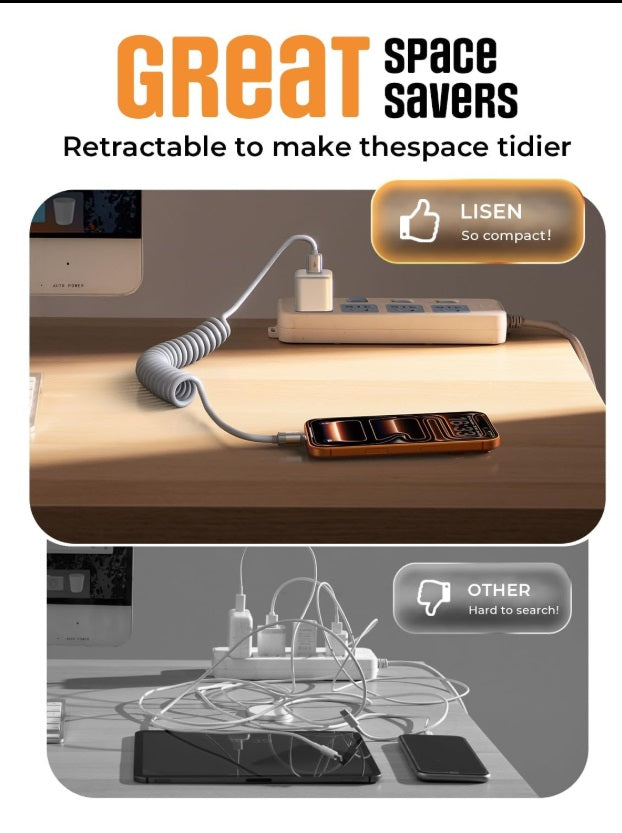 Lisen 2E361 – Coiled USB-C to USB-A Cable Set of 2, 0.7–1.5m, 480Mbps, Gray