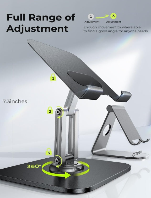Lisen 2E559 – 360° Rotating Tablet Stand 4.7"–12.9", Al-Ti Alloy, Foldable, Black