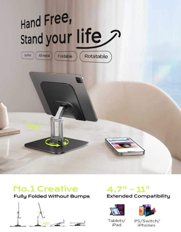Lisen 2E559 – 360° Rotating Tablet Stand 4.7"–12.9", Al-Ti Alloy, Foldable, Black