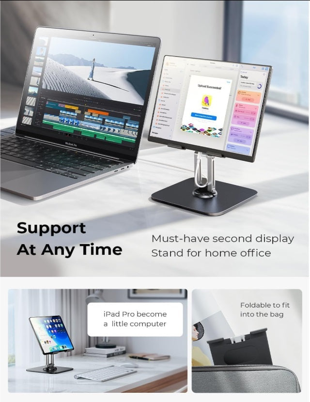 Lisen 2E559 – 360° Rotating Tablet Stand 4.7"–12.9", Al-Ti Alloy, Foldable, Black