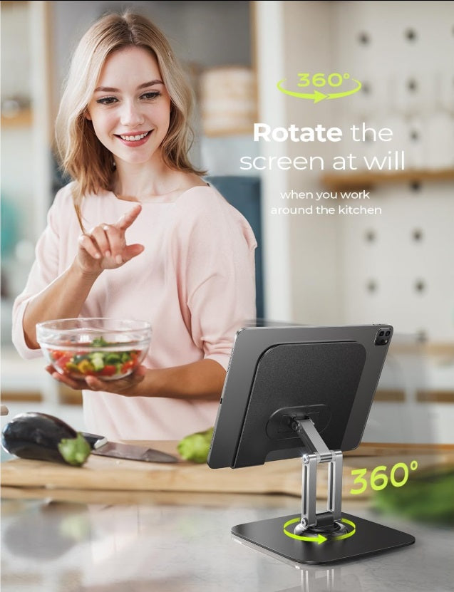 Lisen 2E559 – 360° Rotating Tablet Stand 4.7"–12.9", Al-Ti Alloy, Foldable, Black