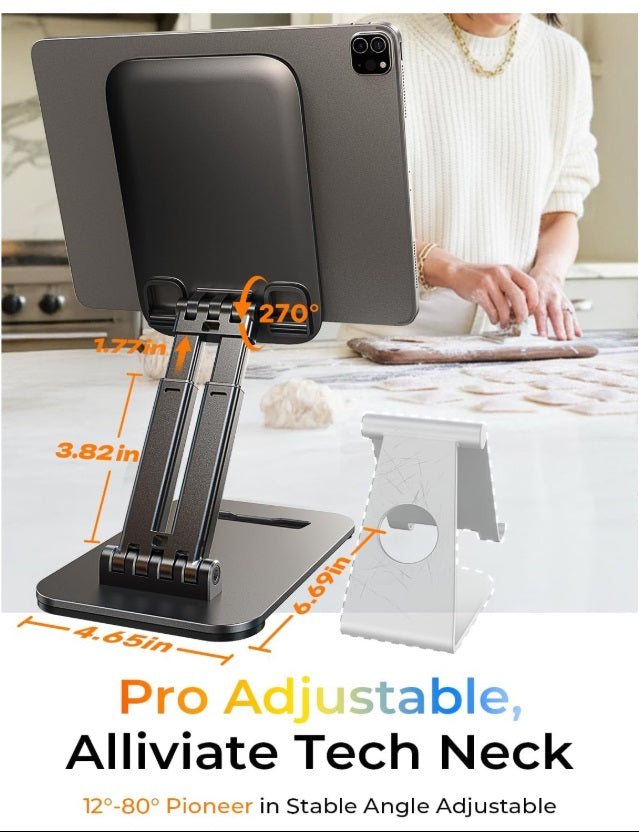Lisen 2E56 – Foldable Tablet & Phone Stand, 4"–15.9", Metal, Non-Slip, Black