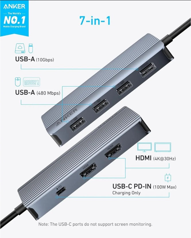 Anker A83740A2 7-in-1 USB-C Hub – Dual 4K HDMI, USB-A 3.2 10Gbps & PD 85W