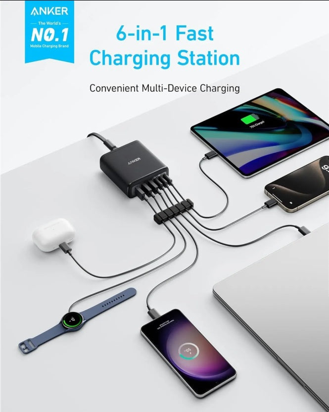 Anker A2154G11 112W Desktop Charger – 6-Port, 3×USB-C & 3×USB-A