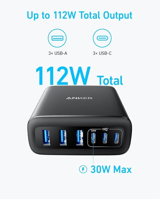 Anker A2154G11 112W Desktop Charger – 6-Port, 3×USB-C & 3×USB-A