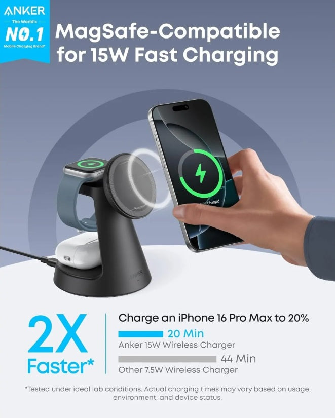 Anker B25M4G11 MagGo 3-in-1 – Qi2 15W MagSafe Charging Station, 40W Charger, Black