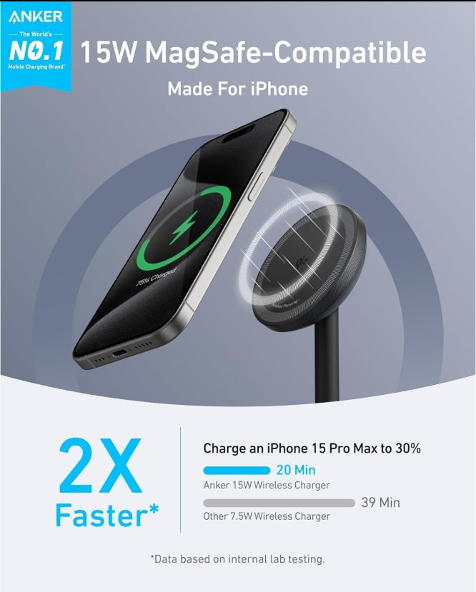 Anker A25X1H11 MagGo – Qi2 15W MagSafe Wireless Magnetic Charger, 360° Rotation, Black