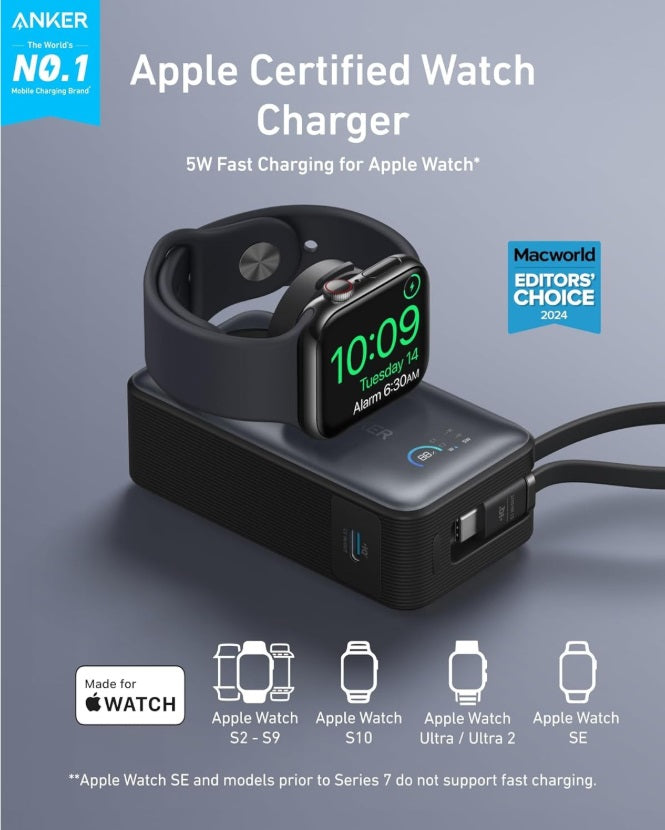 Anker A1657H11 MagOn 10K – 35W, Apple Watch Dock & Built-in USB-C Cable, Black