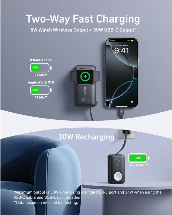 Anker A1657H11 MagOn 10K – 35W, Apple Watch Dock & Built-in USB-C Cable, Black