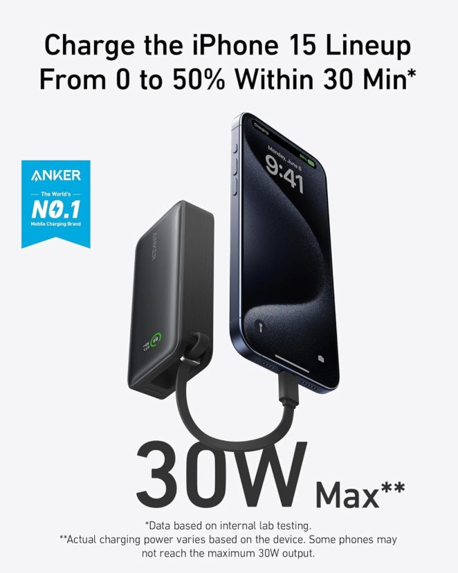 Anker A1259G11 Nano PowerCore 10K – 30W USB-C, Built-in Cable & 10,000mAh, Black