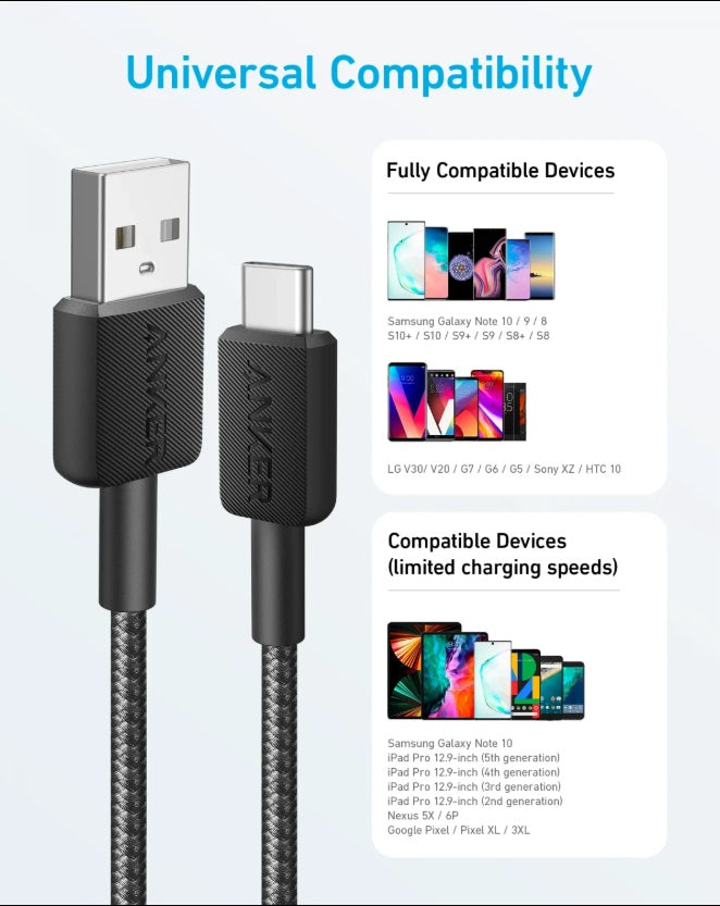Anker A81H6G11 322 – USB-C to USB-C Cable 1.8m, Nylon Braid, 15W, USB-IF, Black