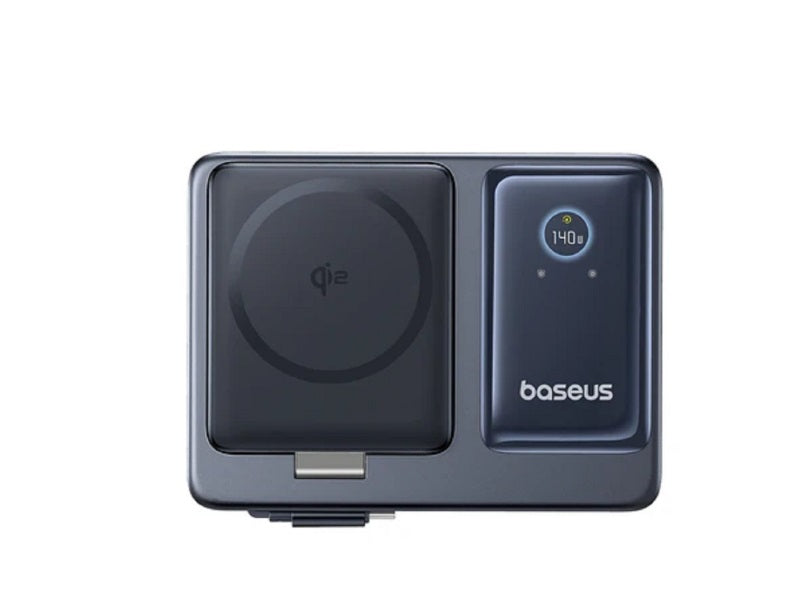Baseus P10170902123-00 Nomos 5-in-1 Charging Hub – Qi2 15W, 2×USB-C 140W, USB-A 15W, Retractable