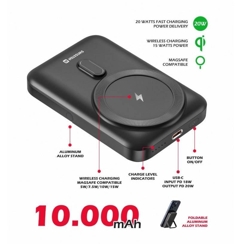 Swissten 22013974 10K Magnetic Power Bank – 10,000mAh, Qi2 15W MagSafe, iPhone 12+, Black