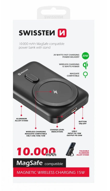 Swissten 22013974 10K Magnetic Power Bank – 10,000mAh, Qi2 15W MagSafe, iPhone 12+, Black