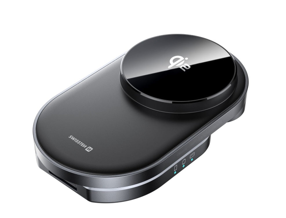 Swissten 22055570 MagBase 3-in-1 Wireless Charger – Qi2 15W, MagSafe, iPhone/AirPods/Apple Watch