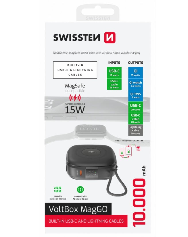 Swissten 22013935 Voltbox MagGo Power Bank – 10,000mAh, Qi2 15W MagSafe & Apple Watch + 2 Built-in Cables