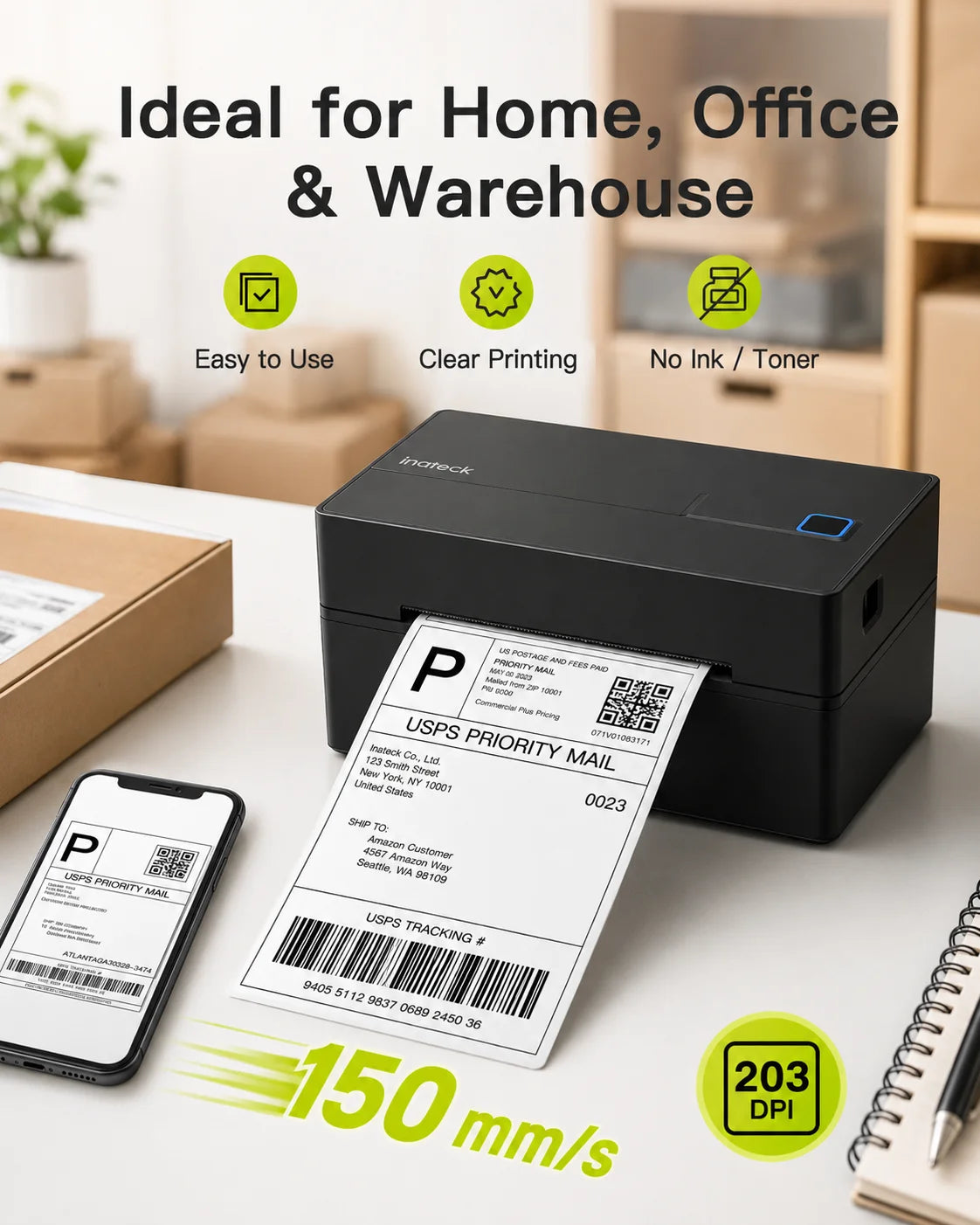 Inateck PR40 Bluetooth Thermal Label Printer – 40-110 mm, 203 DPI & Wireless/USB Printing, Black – view 3